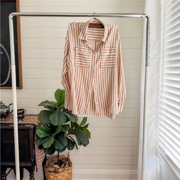 Striped Button Down Shirt - Tan - Picture 1 of 8